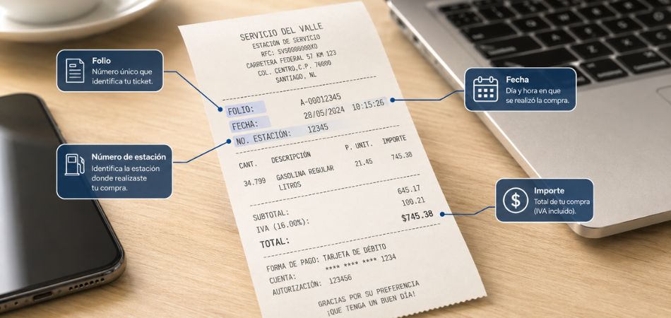 Ticket de gasolina con datos necesarios para generar factura electrónica CFDI