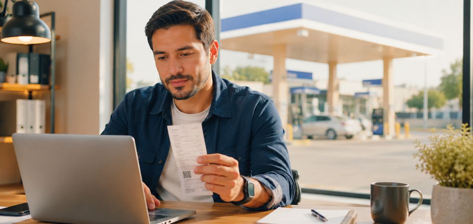Persona revisando un ticket de gasolina para facturar online en México