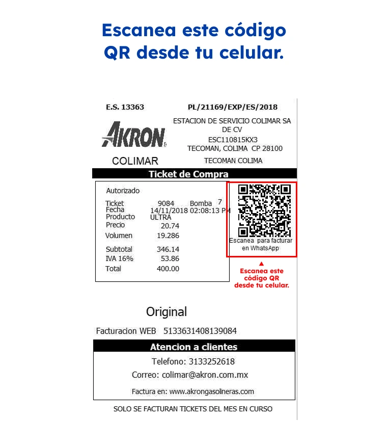 akron gasolina facturacion akron gasolina facturacion: código QR de WhatsApp en el ticket