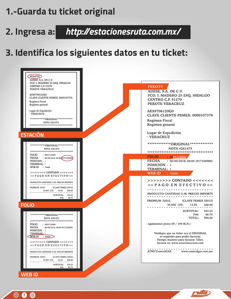 Identifica los datos del ticket RUTA Ticket de Estaciones RUTA con folio y Web ID