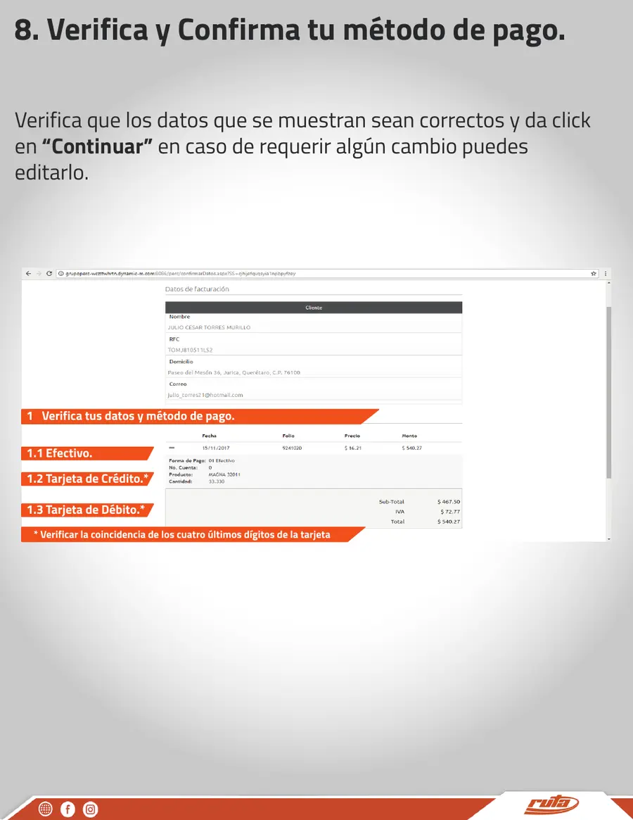 Revisa datos y método de pago Verificación fiscal y pago en RUTA