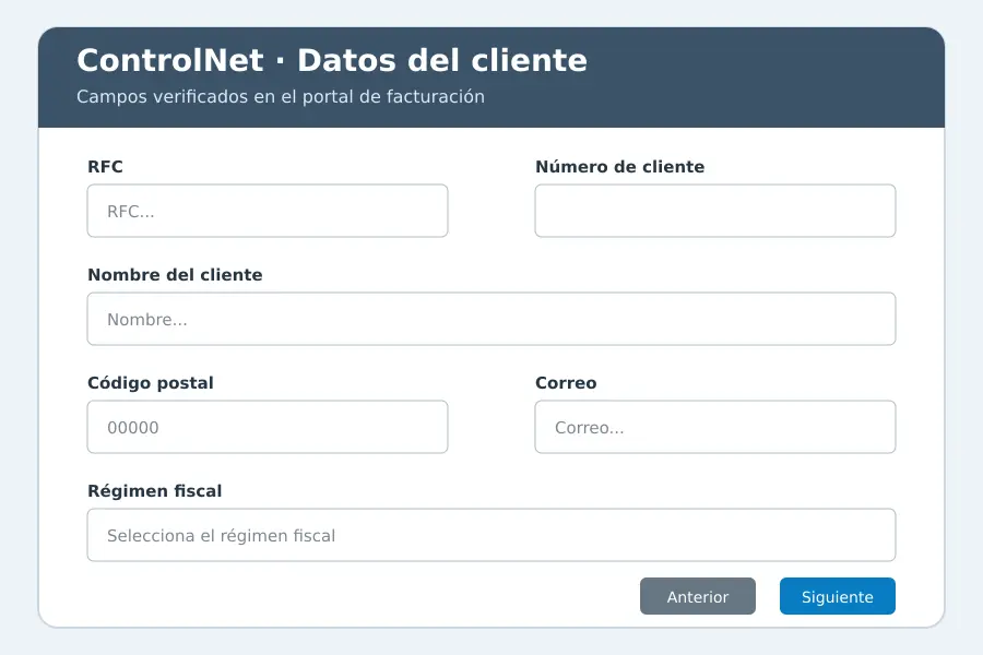 facturacion controlnet datos cliente facturacion controlnet: RFC, nombre, código postal y régimen fiscal