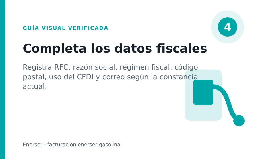 Paso 4 de Enerser: Completa los datos fiscales facturacion enerser gasolina: Completa los datos fiscales