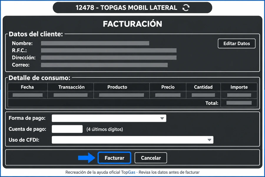 facturacion top gas mobil: forma de pago, uso CFDI y botón Facturar