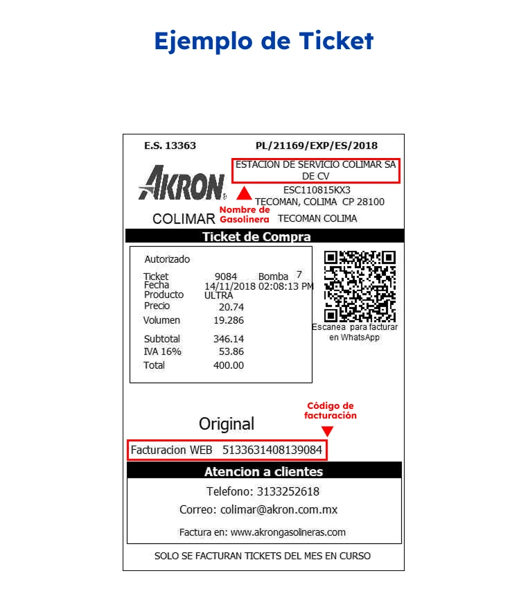 akron gasolinera facturacion: nombre de estación en el ticket oficial