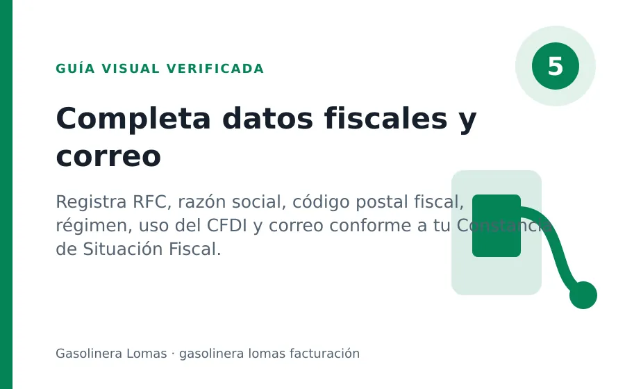 Paso 5 de Gasolinera Lomas: Completa datos fiscales y correo gasolinera lomas facturación: Completa datos fiscales y correo