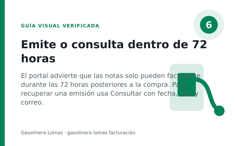 Paso 6 de Gasolinera Lomas: Emite o consulta dentro de 72 horas gasolinera lomas facturación: Emite o consulta dentro de 72 horas