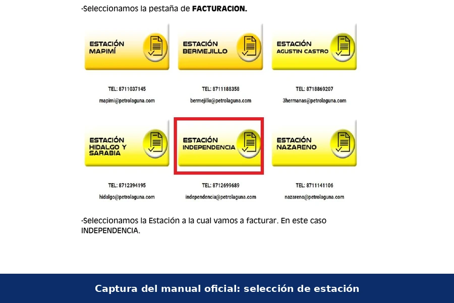 Elegir estación PetroLaguna para facturar Selector de estación para facturar en PetroLaguna