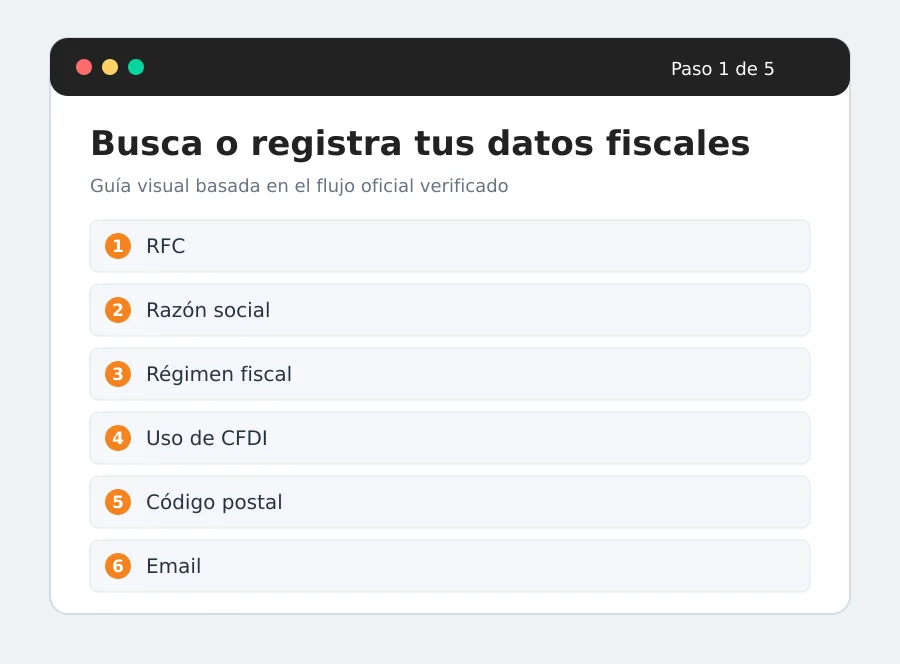 MEGAGAS facturación paso 1: Busca o registra los datos fiscales