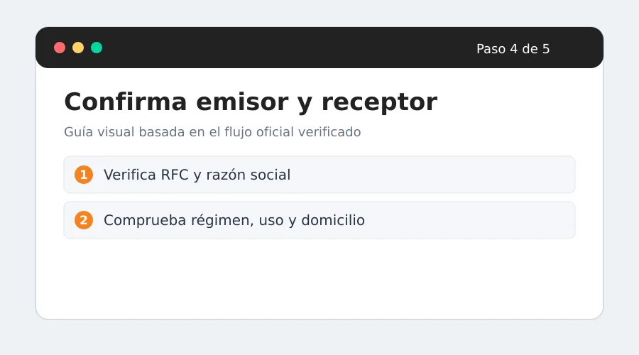 MEGAGAS facturación paso 4: Confirma emisor, receptor y totales