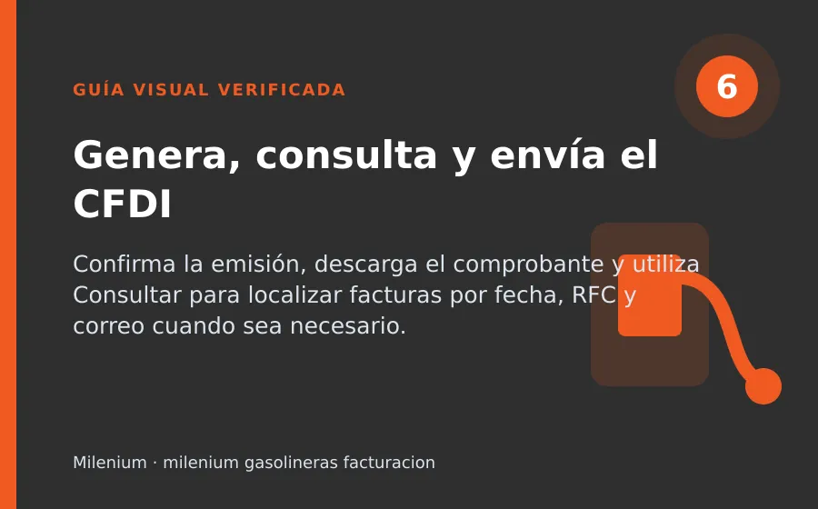 Paso 6 de Milenium: Genera, consulta y envía el CFDI milenium gasolineras facturacion: Genera, consulta y envía el CFDI