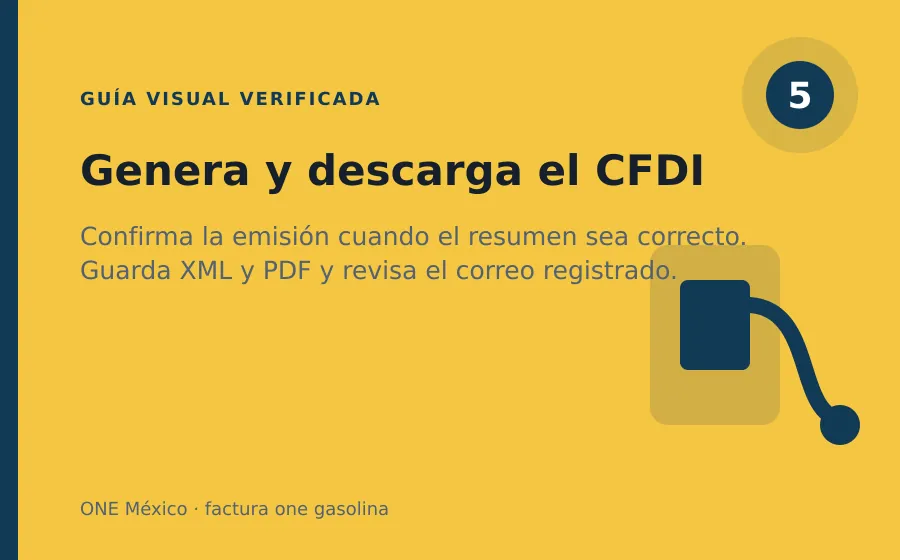 Paso 5 de ONE México: Genera y descarga el CFDI factura one gasolina: Genera y descarga el CFDI
