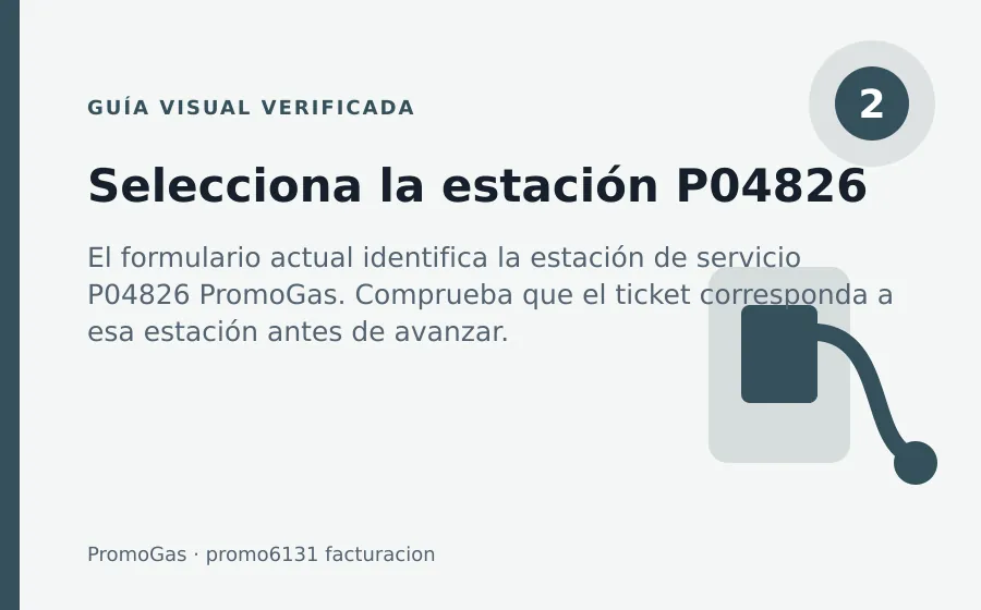 Paso 2 de PromoGas: Selecciona la estación P04826 promo6131 facturacion: Selecciona la estación P04826