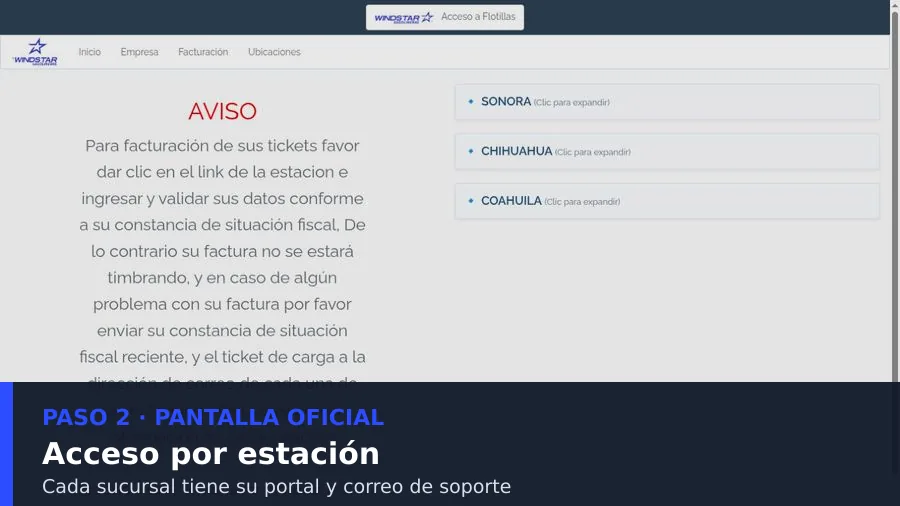 estación Windstar correcta Seleccionar la estación Windstar del ticket