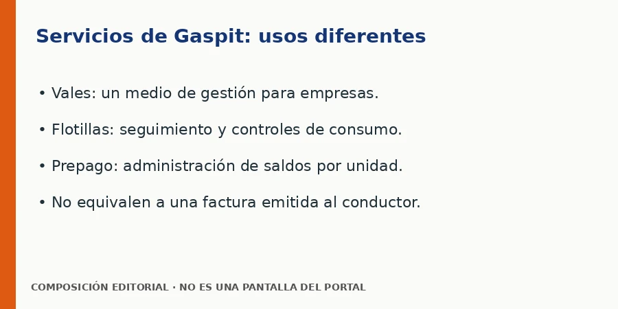 Servicios de Gaspit: usos diferentes Vales, flotillas y prepago descritos por Gaspit