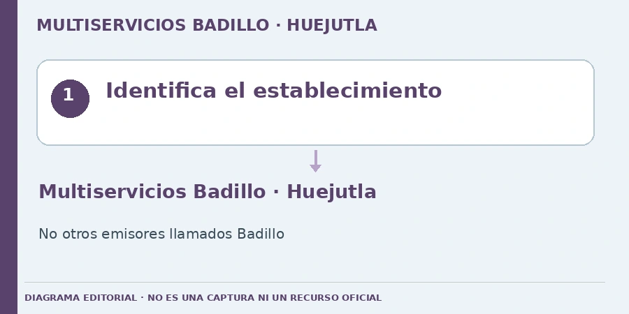 Identifica el establecimiento Diagrama editorial: Identifica el establecimiento. Multiservicios Badillo · Huejutla. No otros emisores llamados Badillo.
