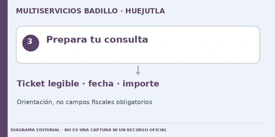 Prepara tu consulta Diagrama editorial: Prepara tu consulta. Ticket legible · fecha · importe. Orientación, no campos fiscales obligatorios.