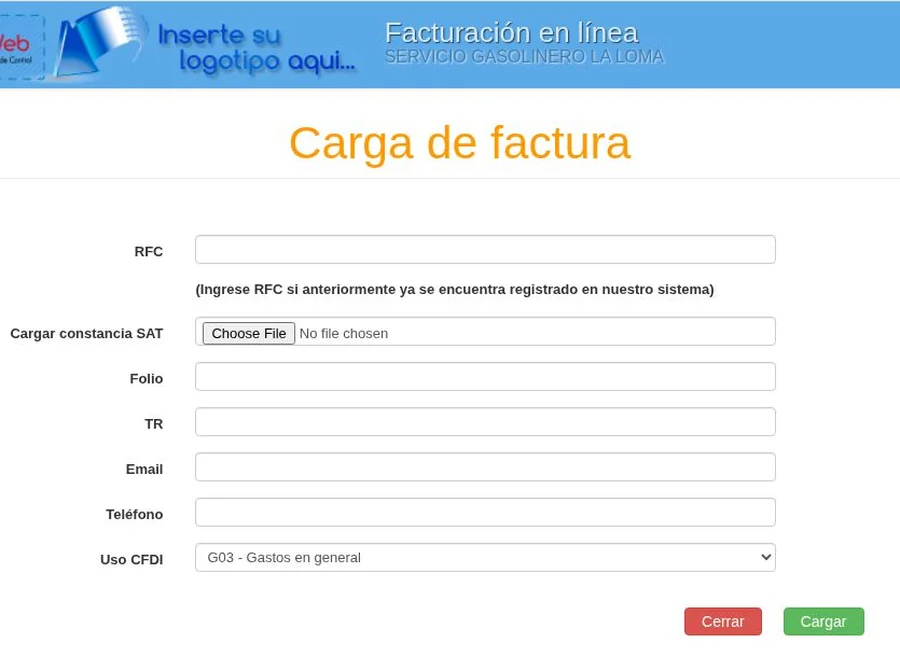 facturacion gasolineras ggp: formulario real de La Loma Captura real del formulario de facturación Servicio Gasolinero La Loma