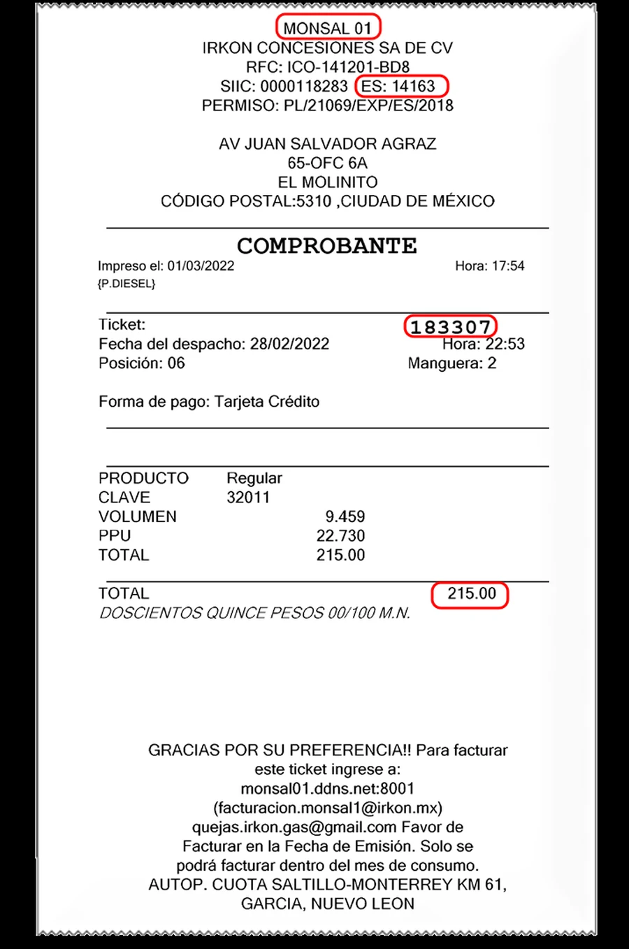 irkon gas facturacion Ticket de ejemplo oficial: Irkon Concesiones, Monsal 1