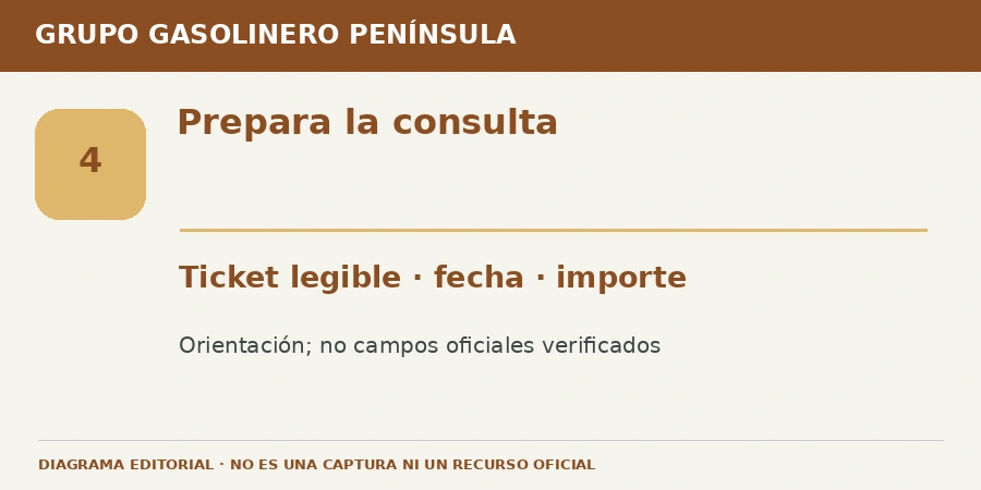 Prepara la consulta Diagrama editorial: Prepara la consulta. Ticket legible · fecha · importe. Orientación; no campos oficiales verificados.