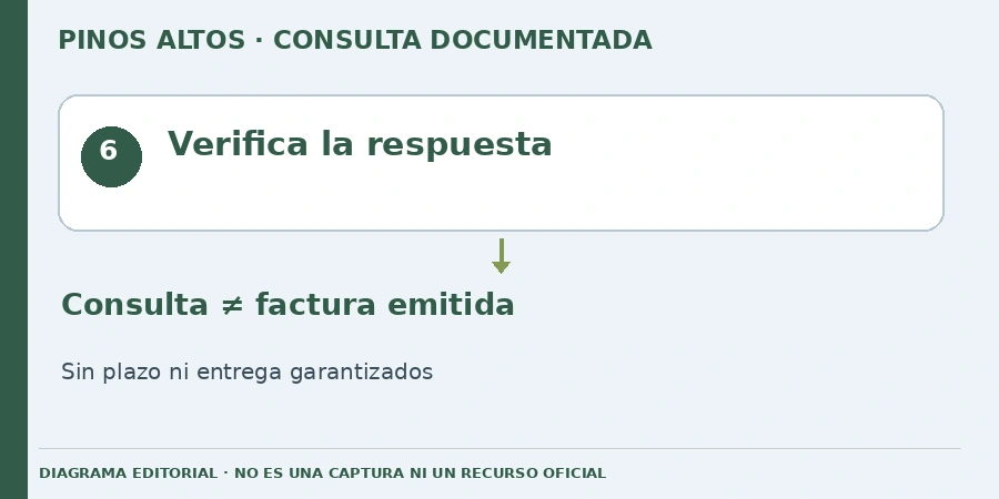 Verifica la respuesta Diagrama editorial: Verifica la respuesta. Consulta ≠ factura emitida. Sin plazo ni entrega garantizados.